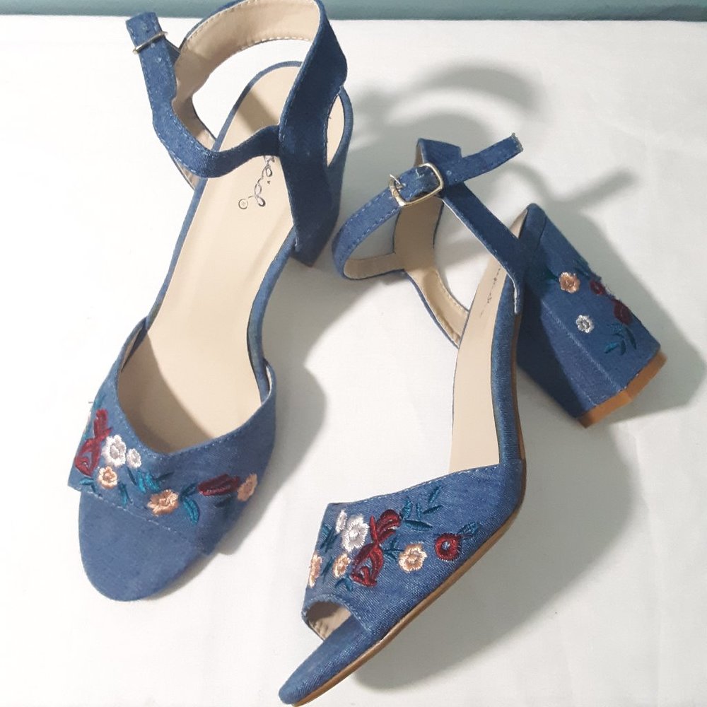 Qupid Denim floral embroidery heeled sandals